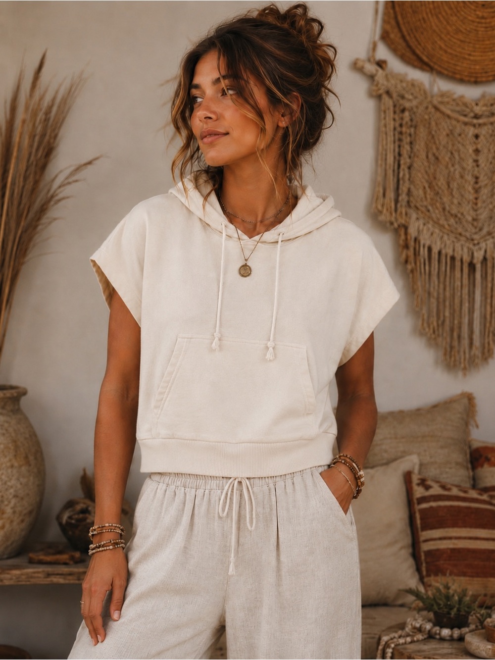 Double Zero Cream Cropped Sleeveless Hoodie Sweatshirt | Size Small | NWOT